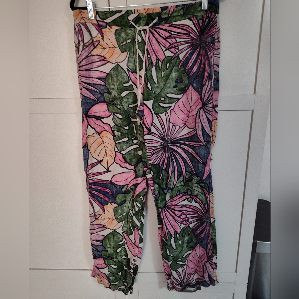 Tommy Bahama Womens Tropical Linen Pants Floral Hawaiian Tiki Drawstring Sz Lg